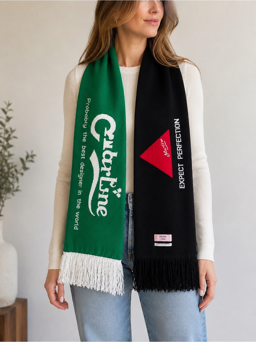 Green & Black Graphic Fringe Scarf - Unknown Brand